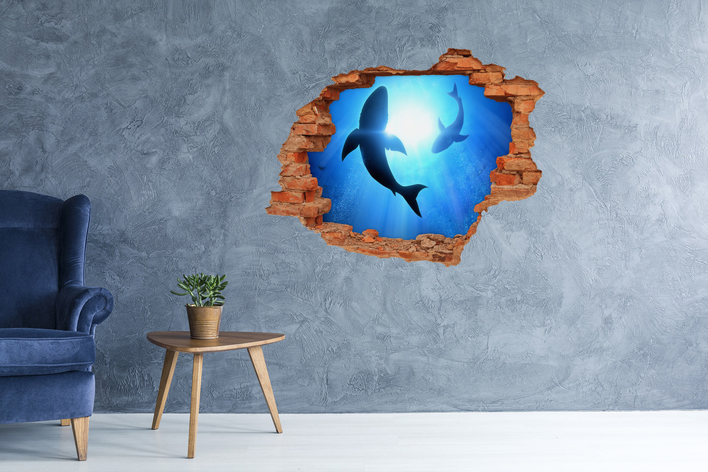 Sticker mural effet trou Deux requins brique