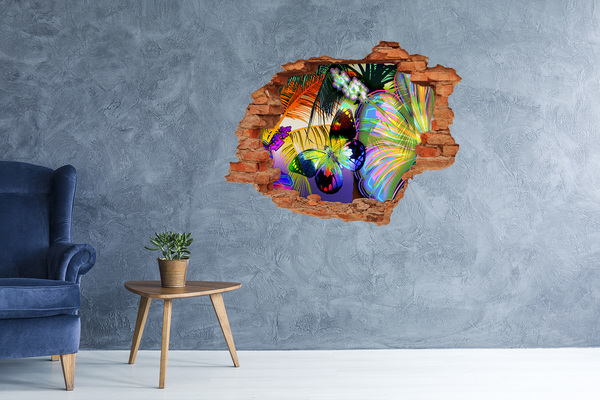 Sticker mural effet trou Fleurs et papillon brique