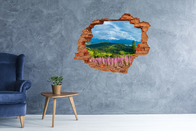 Sticker mural effet trou Paysage de montagne avec des fleurs