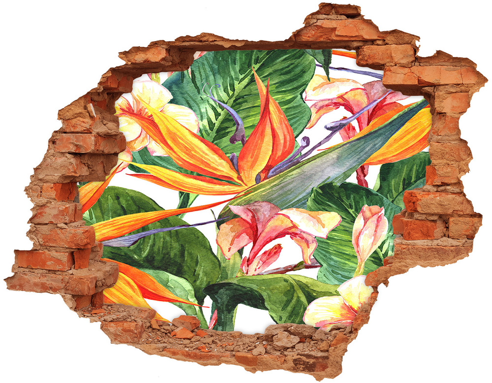 Sticker mural effet trou Fleurs tropicales plantes brique