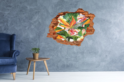 Sticker mural effet trou Fleurs tropicales plantes brique