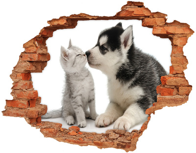 Sticker mural effet trou Chien et chat brique