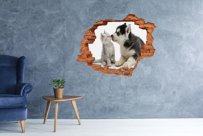 Sticker mural effet trou Chien et chat brique