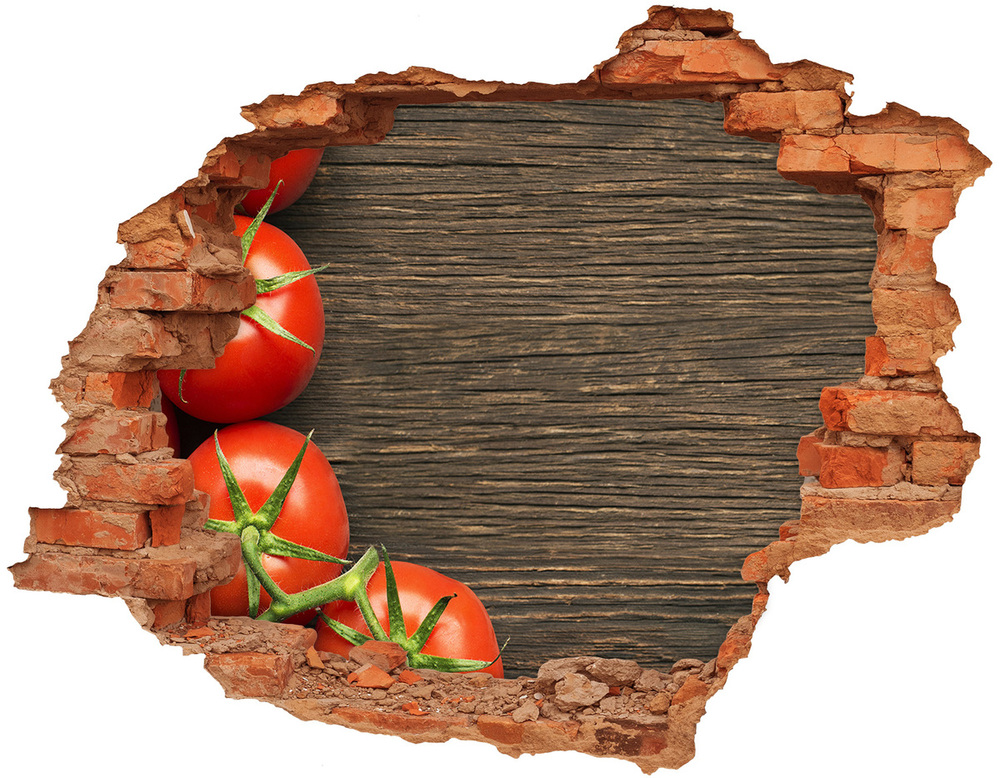 Sticker mural effet trou Tomates sur bois brique