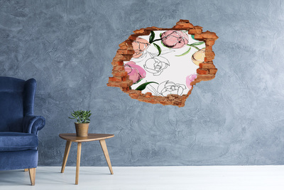 Autocollant à effet 3d trou Une fresque florale derrière un mur endommagé