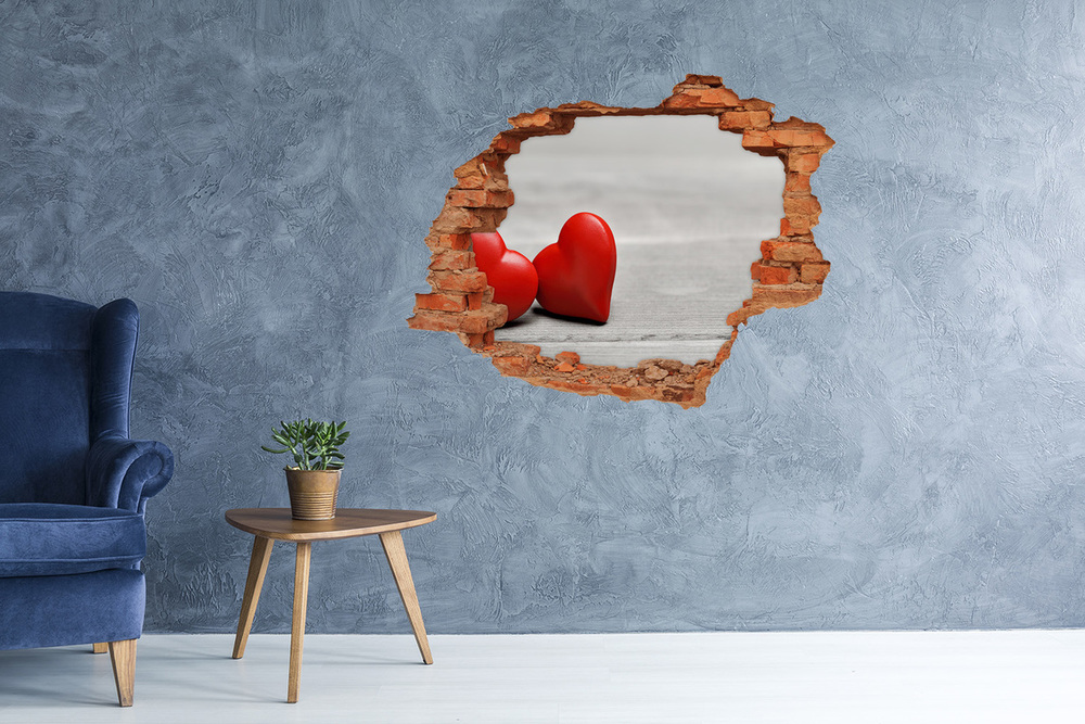 Sticker mural effet trou Coeurs sur bois brique