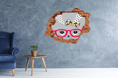 Sticker mural effet trou Lapin avec lunettes brique