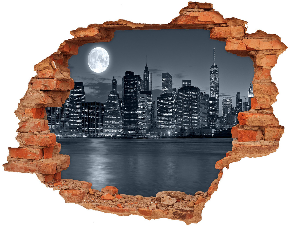 Sticker mural effet trou New York la nuit lune brique