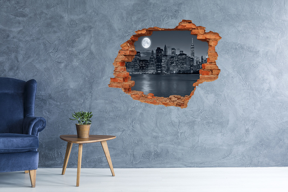 Sticker mural effet trou New York la nuit lune brique