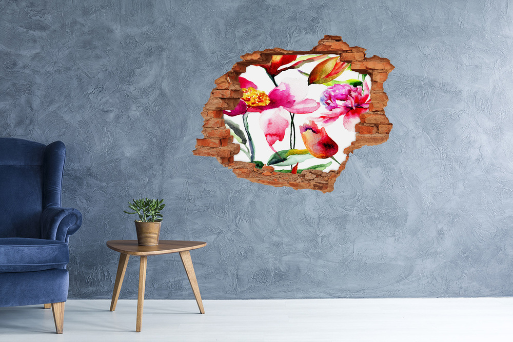 Sticker mural effet trou Fleurs sauvages brique