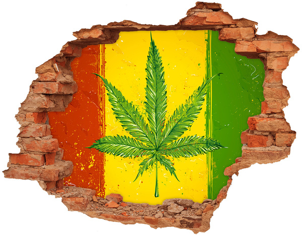 Sticker trou dans le mur Feuille de cannabis verte sur fond jaune-rouge-vert