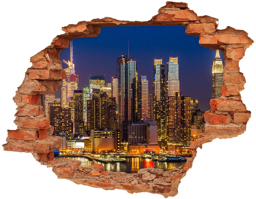 Sticker mural effet trou Manhattan la nuit New York brique