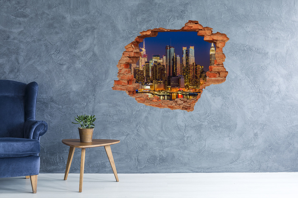 Sticker mural effet trou Manhattan la nuit New York brique