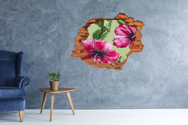 Sticker trou dans le mur Fleurs hawaïennes tropicales brique