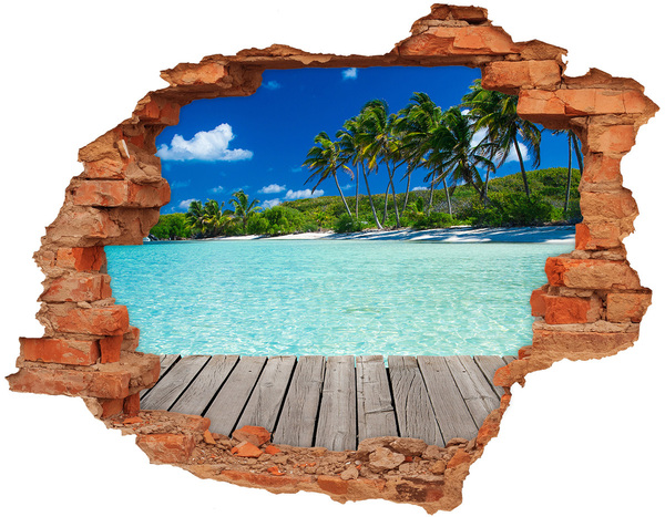 Sticker mural effet trou oasis tropicale en bord de mer