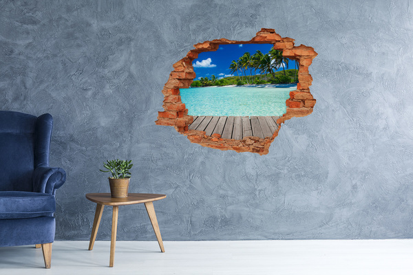 Sticker mural effet trou oasis tropicale en bord de mer