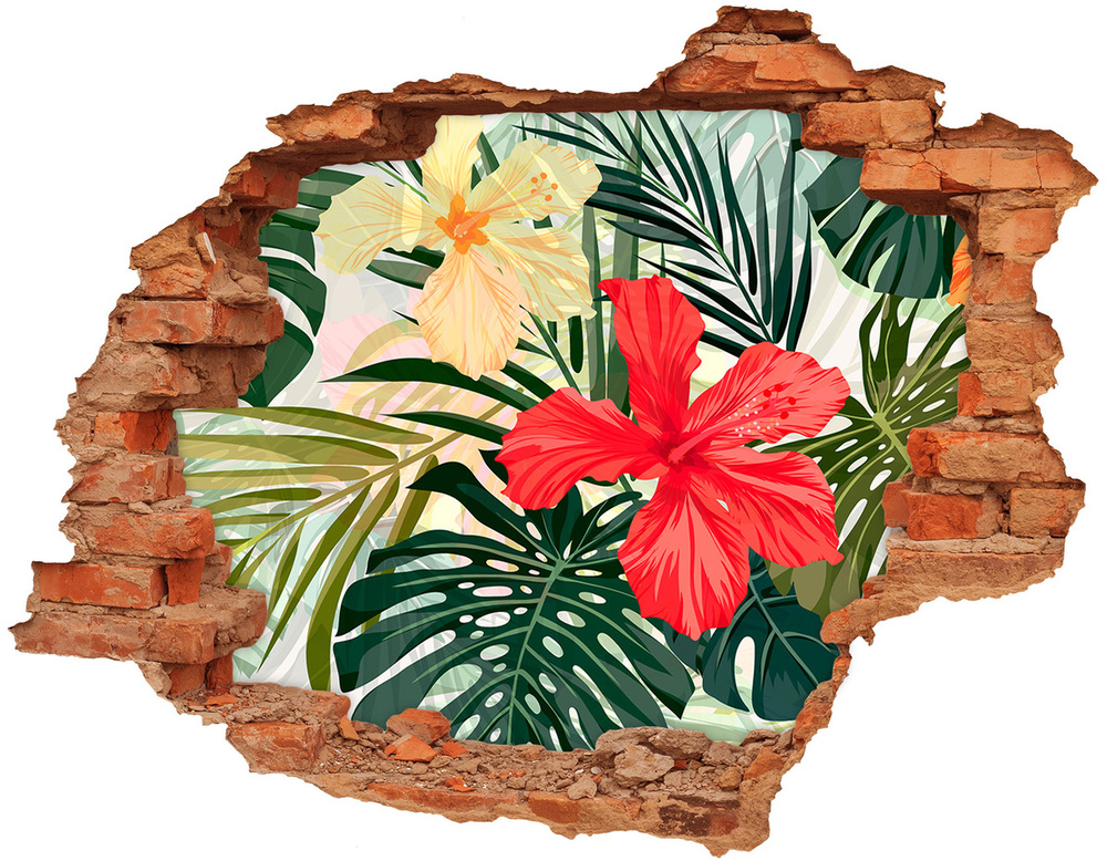 Sticker mural effet trou Fleurs hawaïennes feuilles de monstera brique