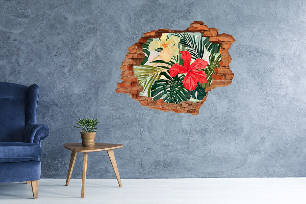 Sticker mural effet trou Fleurs hawaïennes feuilles de monstera brique