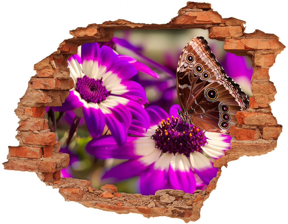 Sticker mural effet trou Papillon sur une fleur brique