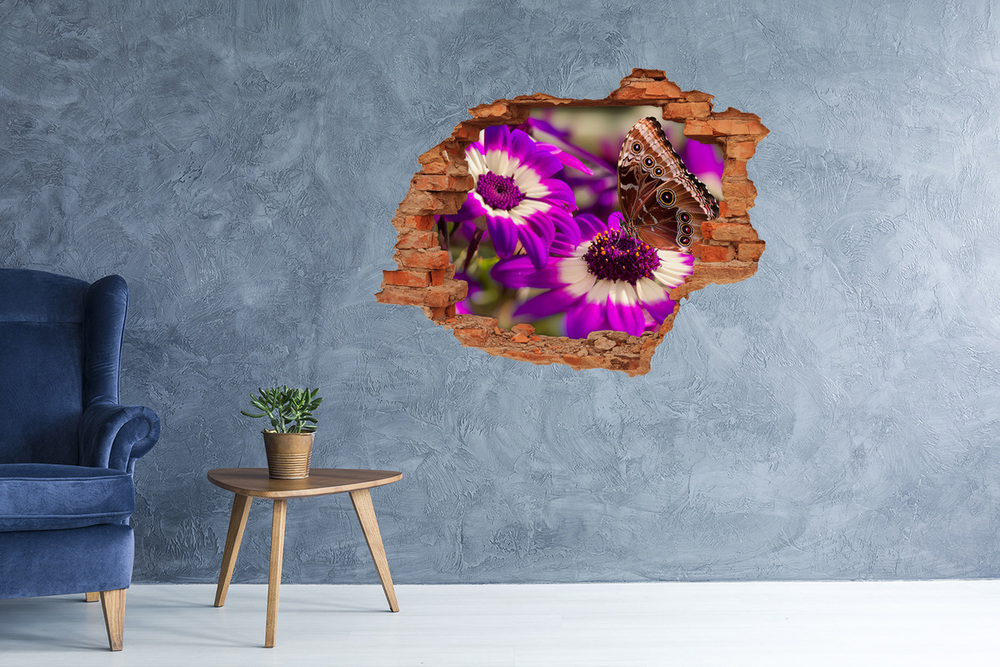 Sticker mural effet trou Papillon sur une fleur brique