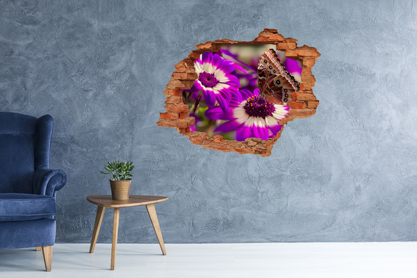 Sticker mural effet trou Papillon sur des fleurs dans un trou dans le mur