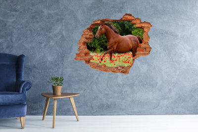 Autocollant à effet 3d trou Un cheval dans un champ de coquelicots
