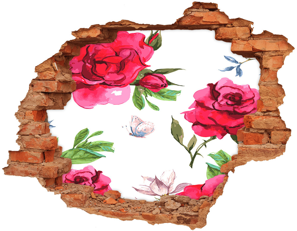 Sticker mural effet trou Roses rouges brique