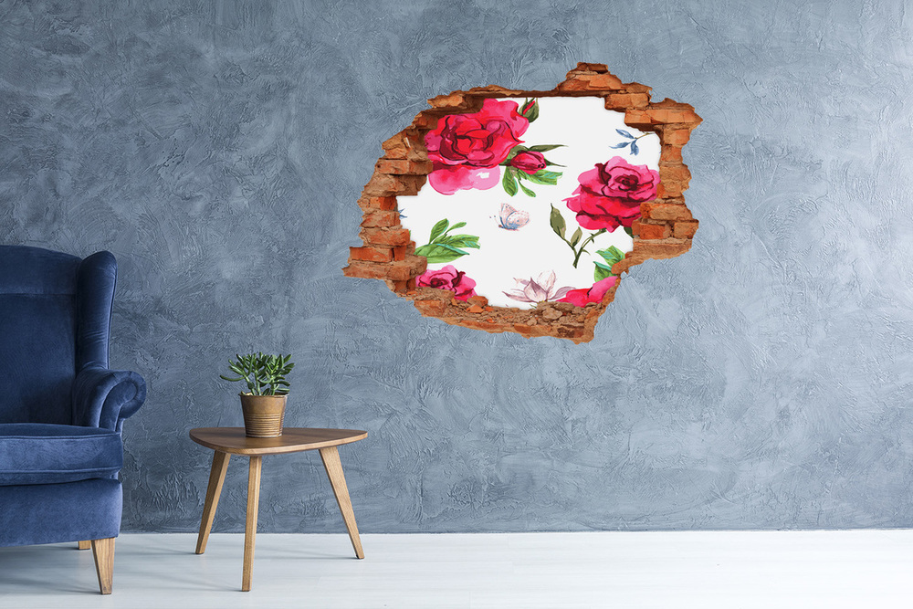 Sticker mural effet trou Roses rouges brique