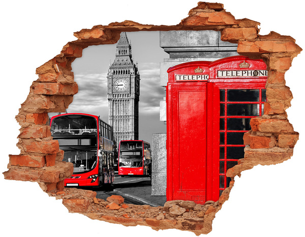 Autocollant mural trou L'horizon londonien avec ses bus rouges
