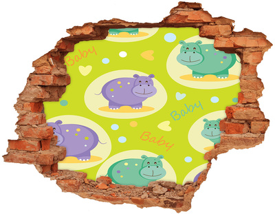 Sticker mural effet trou Hippopotames dans un cadre coloré
