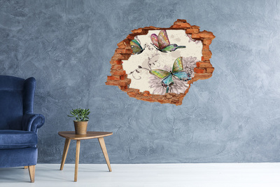 Sticker trou dans le mur Papillons et fleurs brique