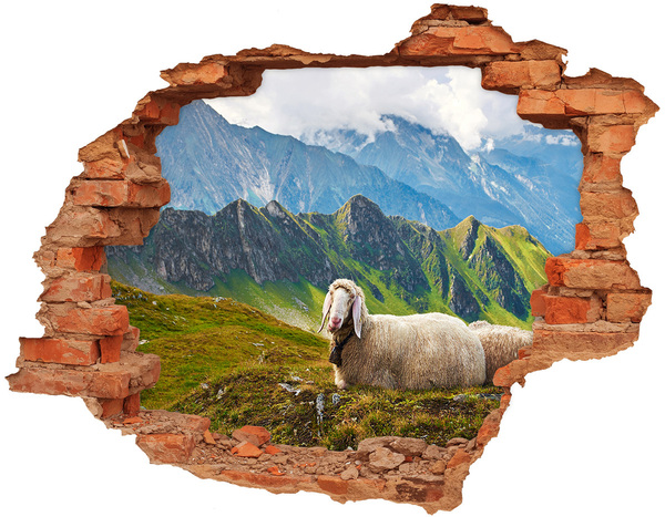 Sticker mural effet trou prairie de montagne avec des moutons