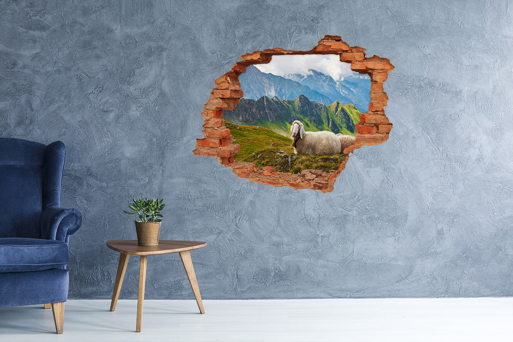 Sticker mural effet trou Mouton dans les alpes brique