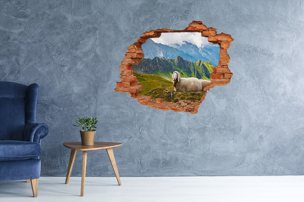Sticker mural effet trou prairie de montagne avec des moutons