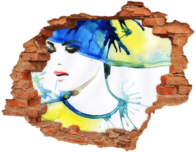 Sticker mural effet trou Femme au chapeau bleu