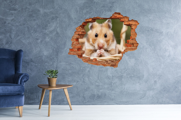 Sticker mural effet trou Hamster dans un trou transparent dans le mur