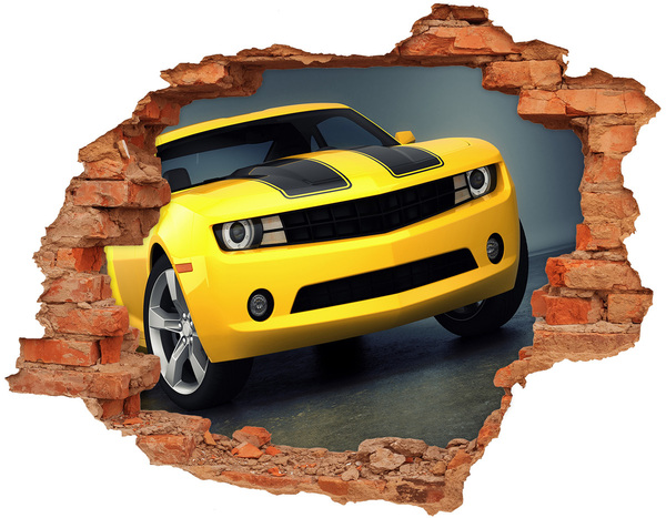 Autocollant à effet 3d trou Un mur en ruine avec une voiture jaune