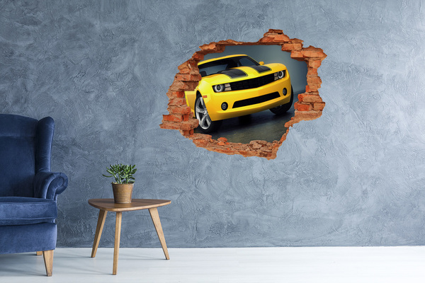 Autocollant à effet 3d trou Un mur en ruine avec une voiture jaune