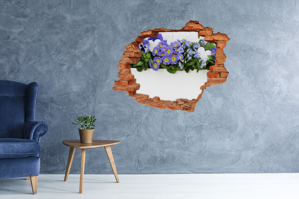 Sticker mural effet trou Fleurs bleues brique