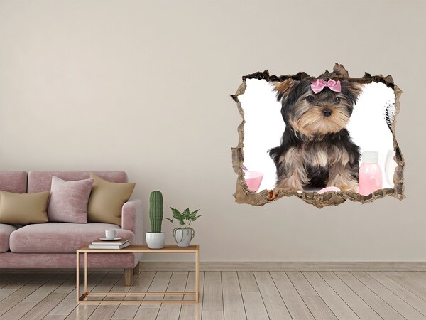 Sticker trou dans le mur Un adorable Yorkshire Terrier avec un nœud rose