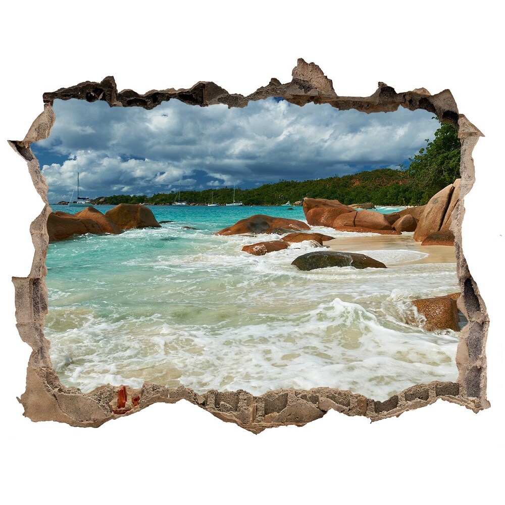 Sticker mural effet trou Plage de Seychelles océan pierre