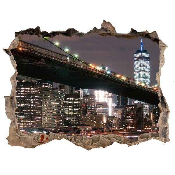 Sticker mural effet trou Le pont de Brooklyn la nuit
