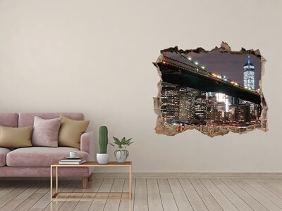 Sticker mural effet trou Le pont de Brooklyn la nuit