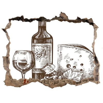 Autocollant à effet 3d trou Du vin et du fromage devant un mur abîmé.