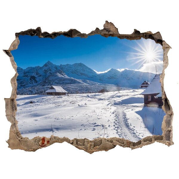Sticker mural effet trou paysage de montagne hivernal