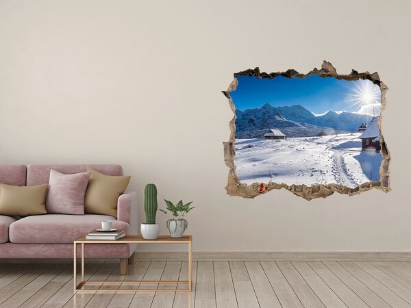 Sticker mural effet trou paysage de montagne hivernal