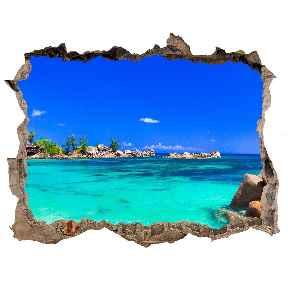 Sticker trou dans le mur Plage Seychelles pierre