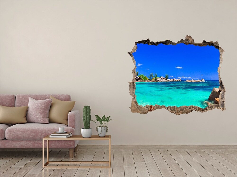 Sticker trou dans le mur Plage Seychelles pierre