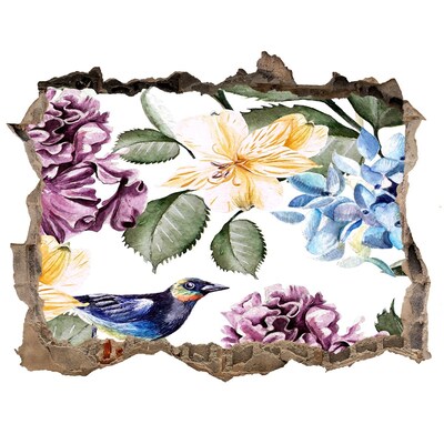 Sticker trou dans le mur Paradis fleuri avec un oiseau