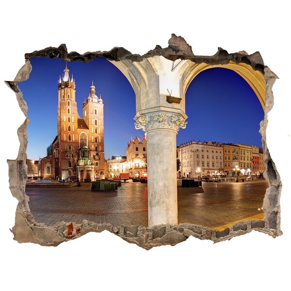 Autocollant à effet 3d trou La place du marché principal de Cracovie la nuit